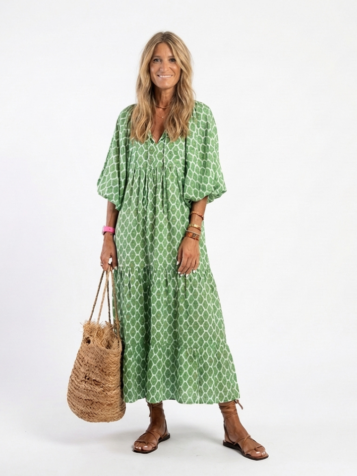 Céline | Midi-mekko, jossa on kuvio, kolmen neljänneksen hihat ja V-pääntie