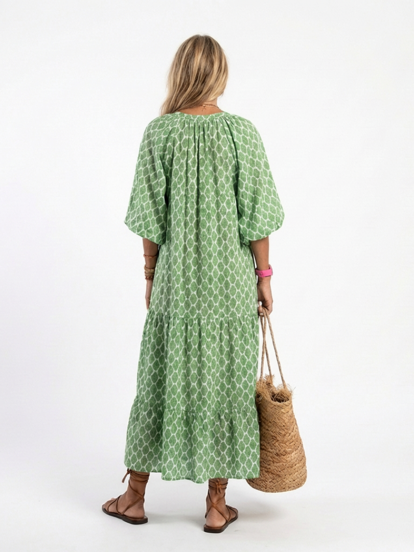 Céline | Midi-mekko, jossa on kuvio, kolmen neljänneksen hihat ja V-pääntie