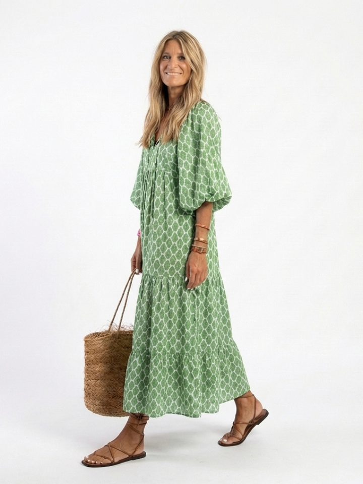 Céline | Midi-mekko, jossa on kuvio, kolmen neljänneksen hihat ja V-pääntie