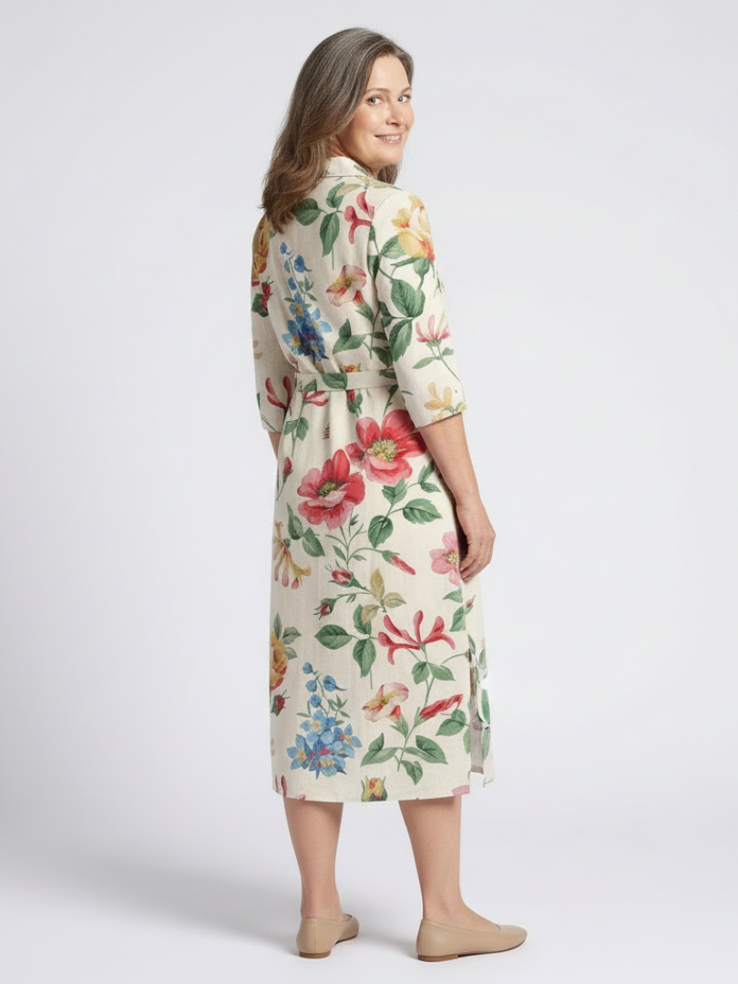 Charlotte | Midi-mekko kukilla ja lyhyillä hihoilla napilla